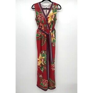 Flying Tomato Jumpsuit Womens Small Red Floral Tropical V-wrap Tie Wide Leg Boho